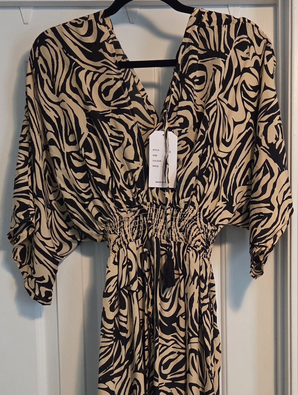 Black and Cream Printed Smocked Waist Maxi Dress